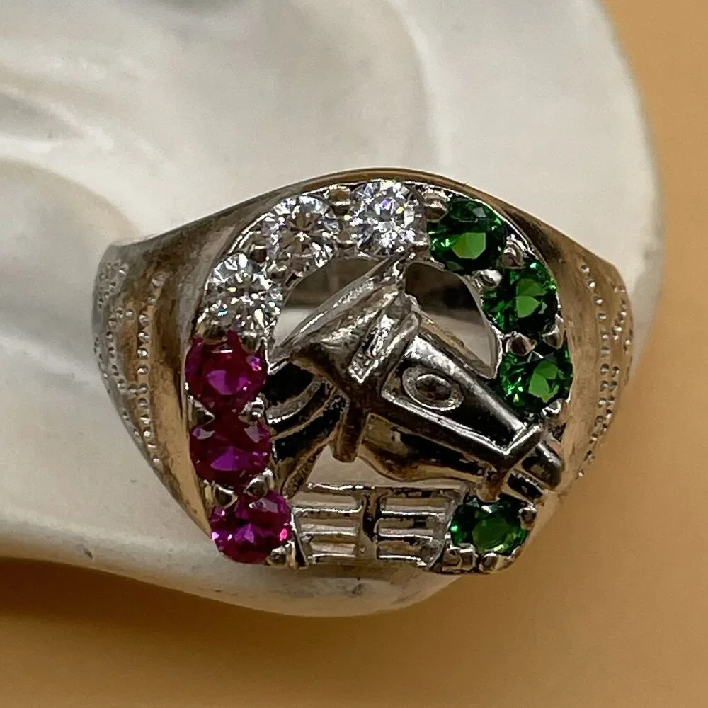 Horseshoe Ring Sterling Silver .925 Men’s Size 8 Red Ruby White Green Glass